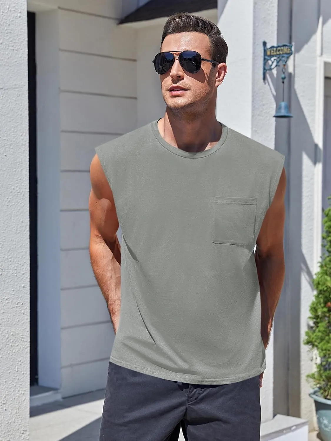 ZIWOCH Mens Sleeveless Tank Tops Workout Cut Off Shirts Muscle Gym T Shirts with Pocket