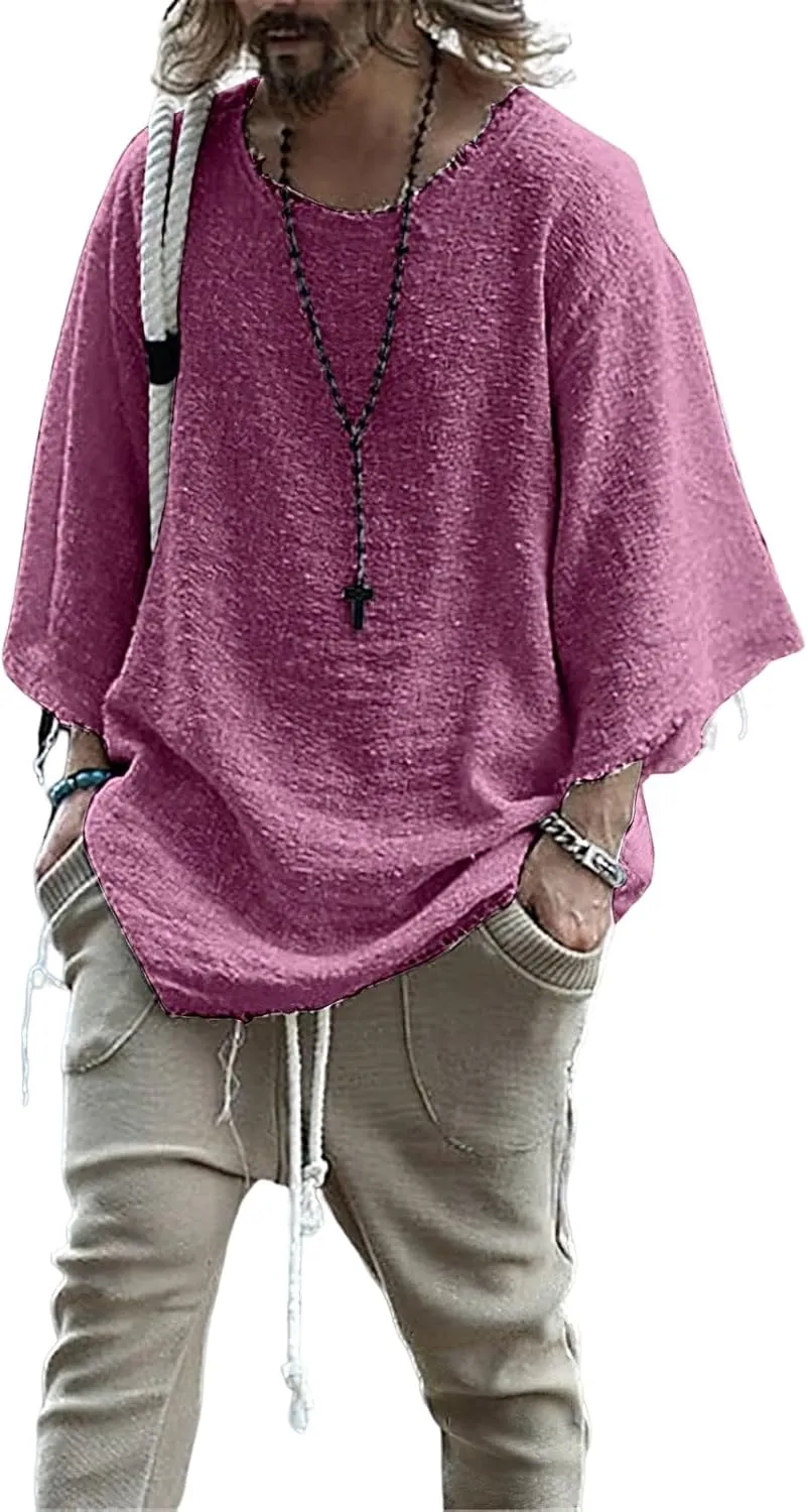 ZOCANIA Men's Fashion Linen Hip Hop Shirt Loose Fit Casual Vintage Distressed Frayed 3/4 Sleeve Top Fall Blouse Shirt