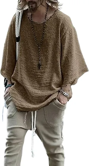 ZOCANIA Men's Fashion Linen Hip Hop Shirt Loose Fit Casual Vintage Distressed Frayed 3/4 Sleeve Top Fall Blouse Shirt
