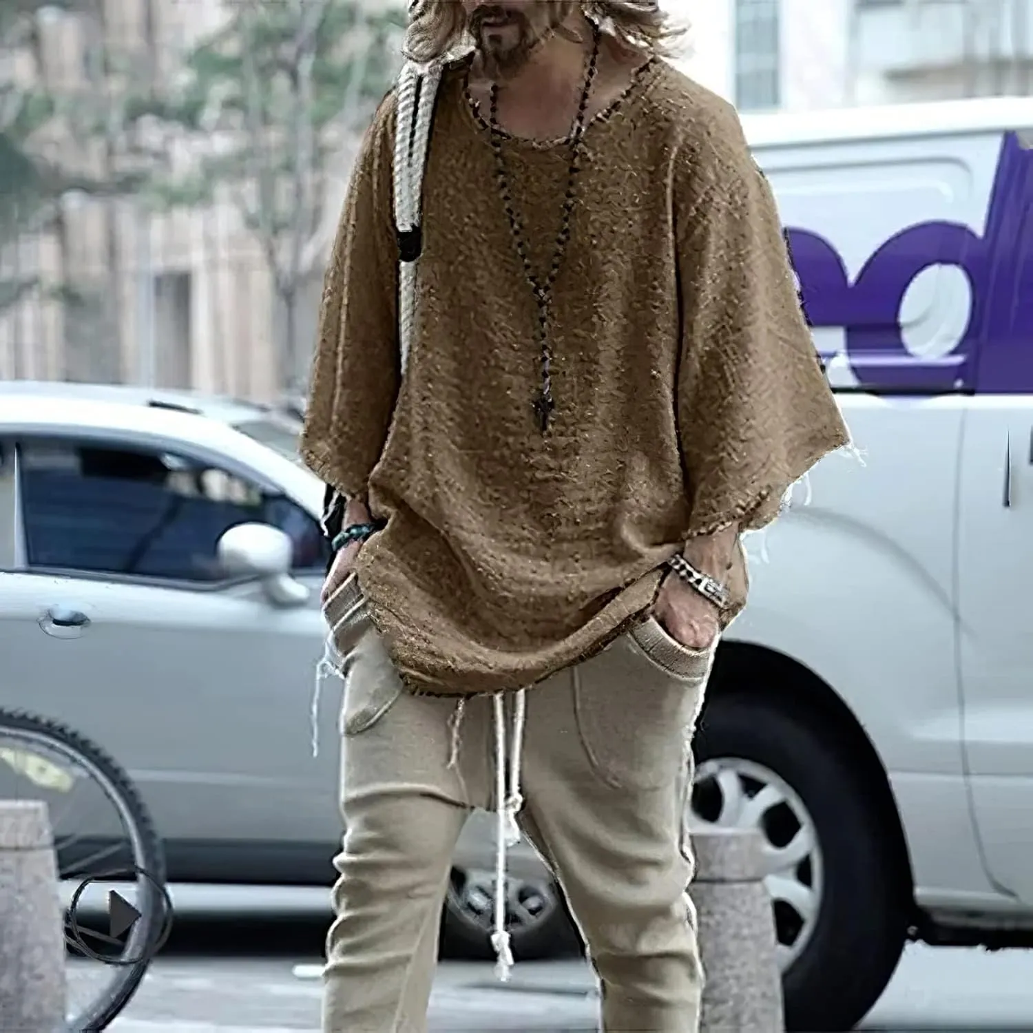 ZOCANIA Men's Fashion Linen Hip Hop Shirt Loose Fit Casual Vintage Distressed Frayed 3/4 Sleeve Top Fall Blouse Shirt