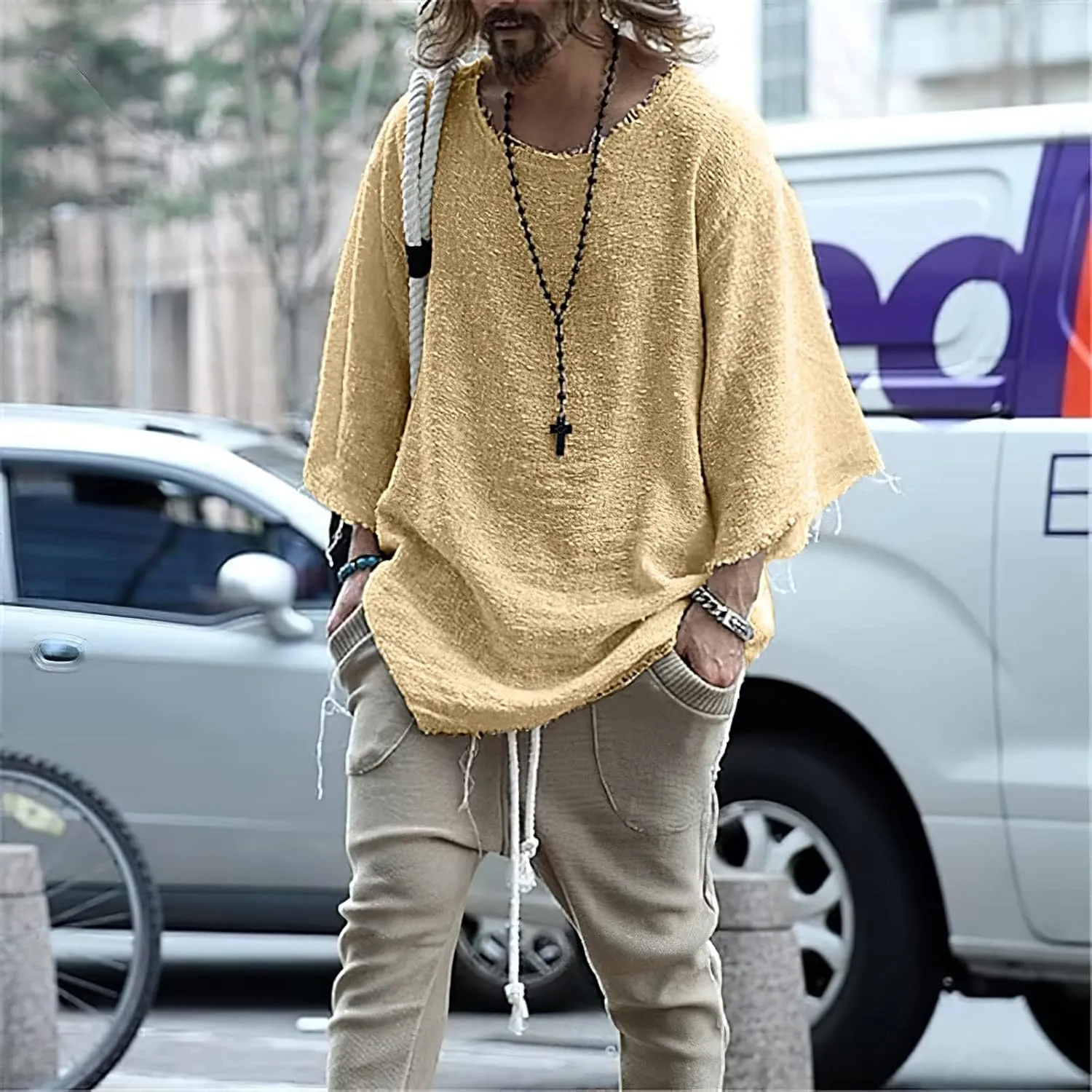 ZOCANIA Men's Fashion Linen Hip Hop Shirt Loose Fit Casual Vintage Distressed Frayed 3/4 Sleeve Top Fall Blouse Shirt