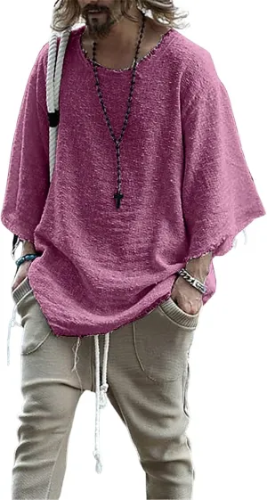 ZOCANIA Men's Fashion Linen Hip Hop Shirt Loose Fit Casual Vintage Distressed Frayed 3/4 Sleeve Top Fall Blouse Shirt