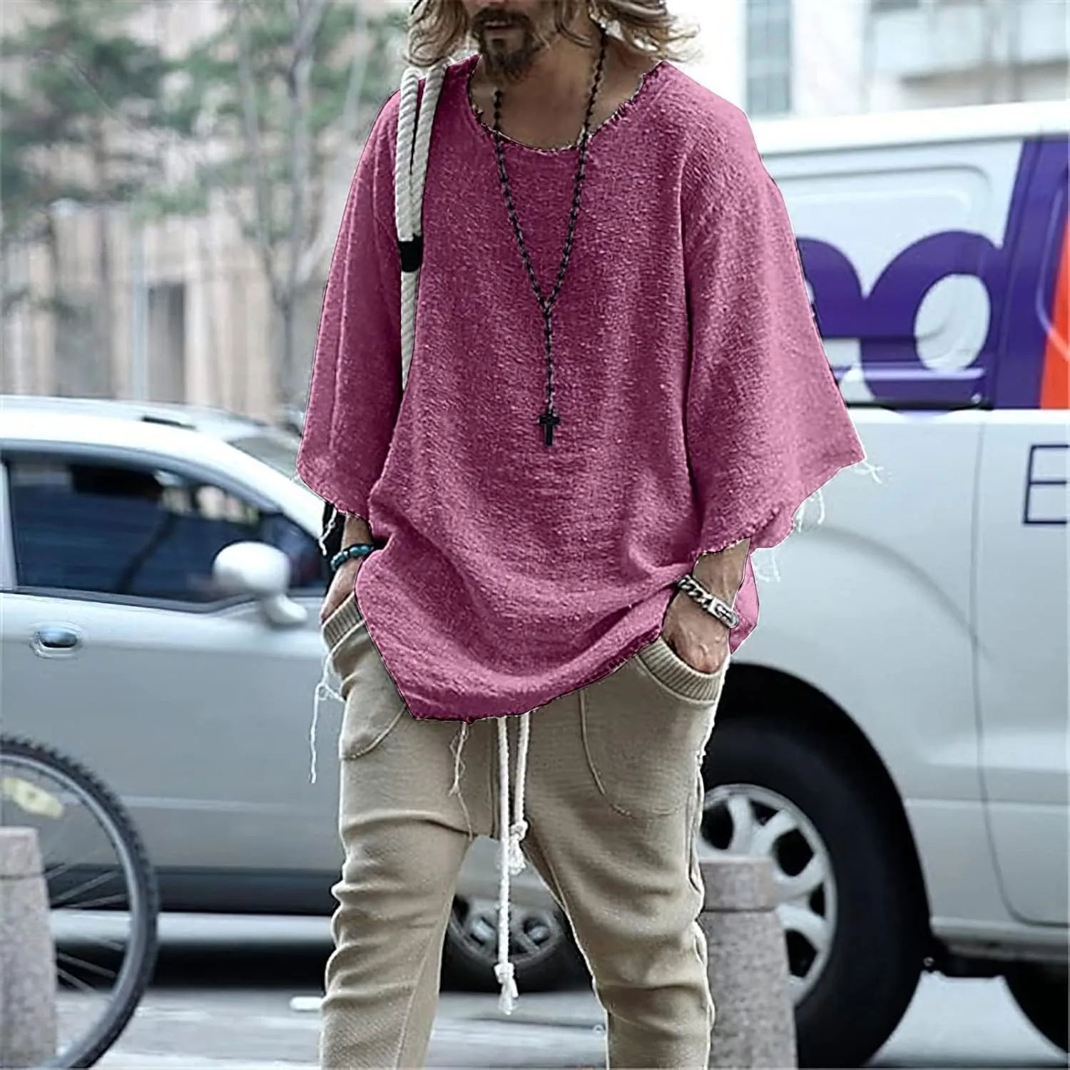 ZOCANIA Men's Fashion Linen Hip Hop Shirt Loose Fit Casual Vintage Distressed Frayed 3/4 Sleeve Top Fall Blouse Shirt