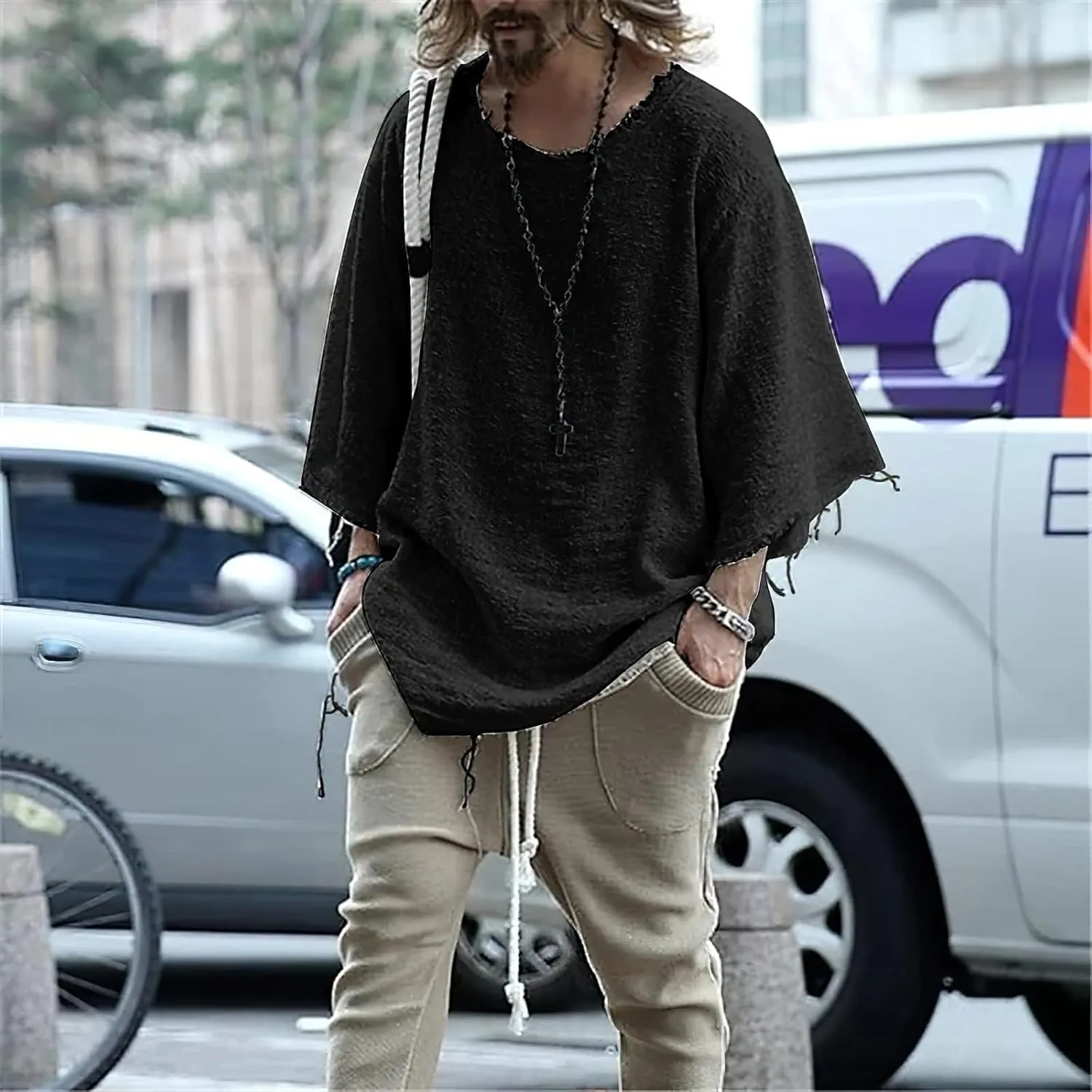 ZOCANIA Men's Fashion Linen Hip Hop Shirt Loose Fit Casual Vintage Distressed Frayed 3/4 Sleeve Top Fall Blouse Shirt