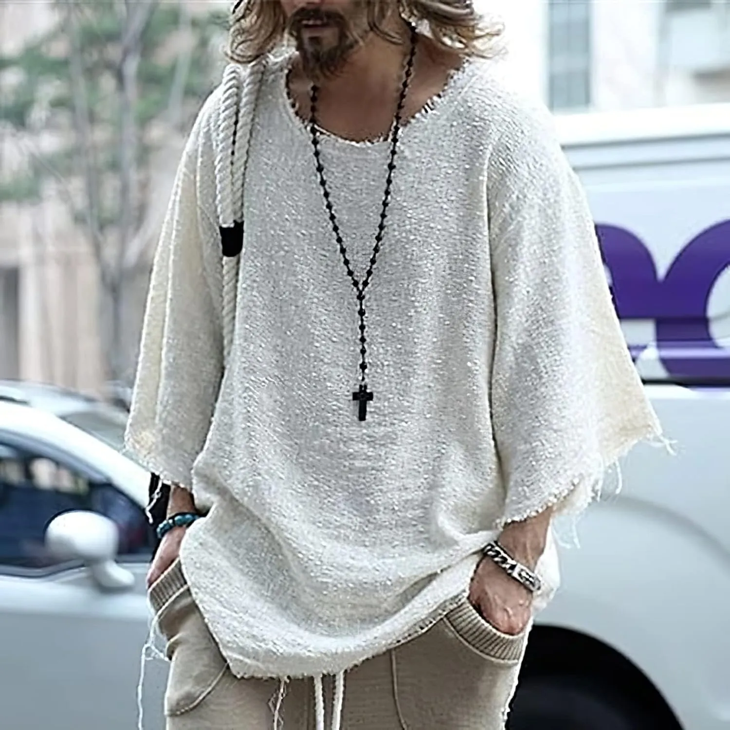 ZOCANIA Men's Fashion Linen Hip Hop Shirt Loose Fit Casual Vintage Distressed Frayed 3/4 Sleeve Top Fall Blouse Shirt
