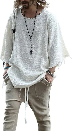 ZOCANIA Men's Fashion Linen Hip Hop Shirt Loose Fit Casual Vintage Distressed Frayed 3/4 Sleeve Top Fall Blouse Shirt