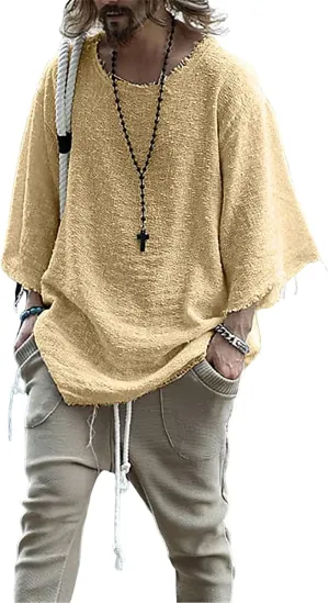 ZOCANIA Men's Fashion Linen Hip Hop Shirt Loose Fit Casual Vintage Distressed Frayed 3/4 Sleeve Top Fall Blouse Shirt