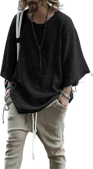 ZOCANIA Men's Fashion Linen Hip Hop Shirt Loose Fit Casual Vintage Distressed Frayed 3/4 Sleeve Top Fall Blouse Shirt