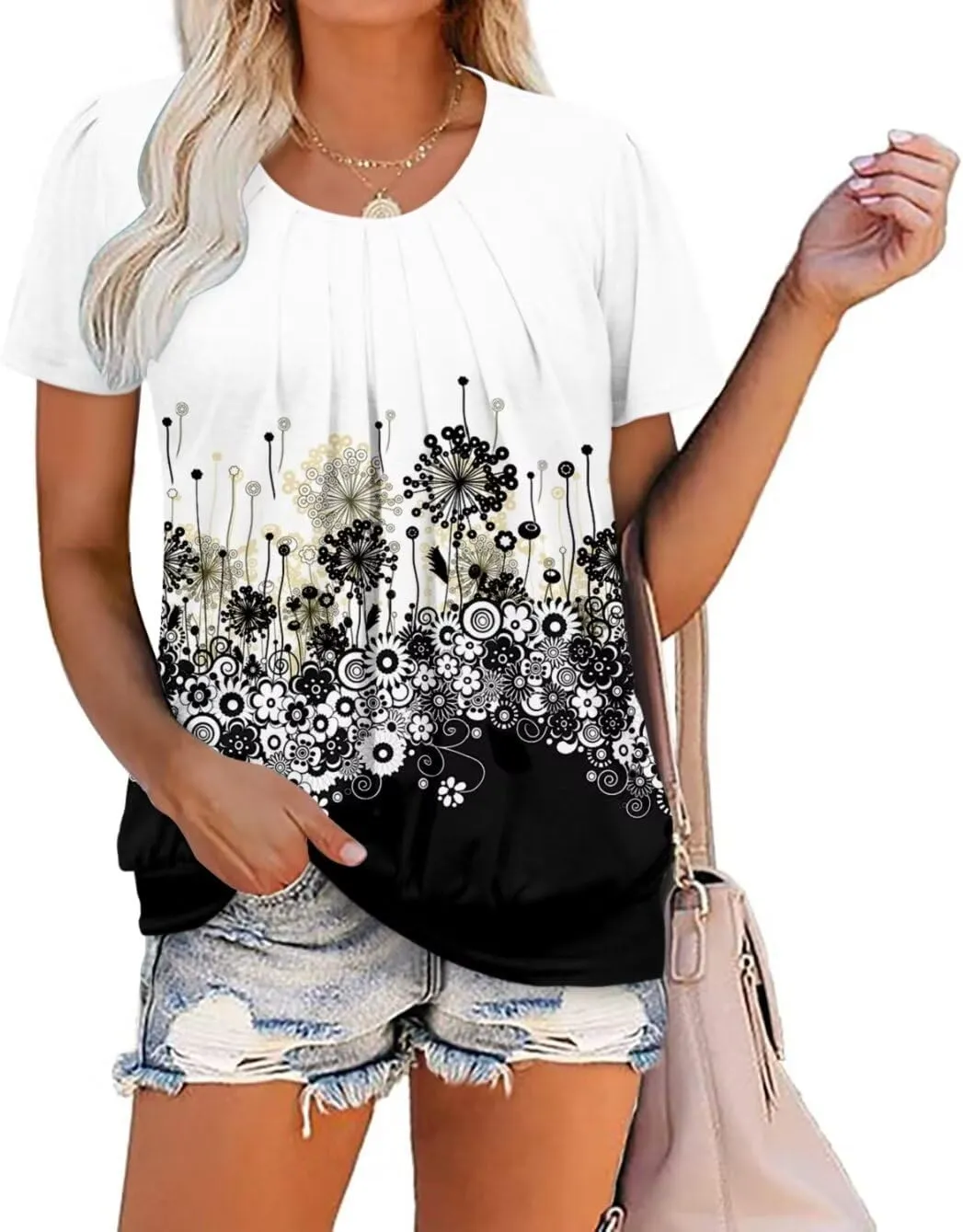 ZOLUCKY Womens Casual Short Sleeve Tunic Tops Scoop Neck T Shirts Summer Loose Fit Tunics