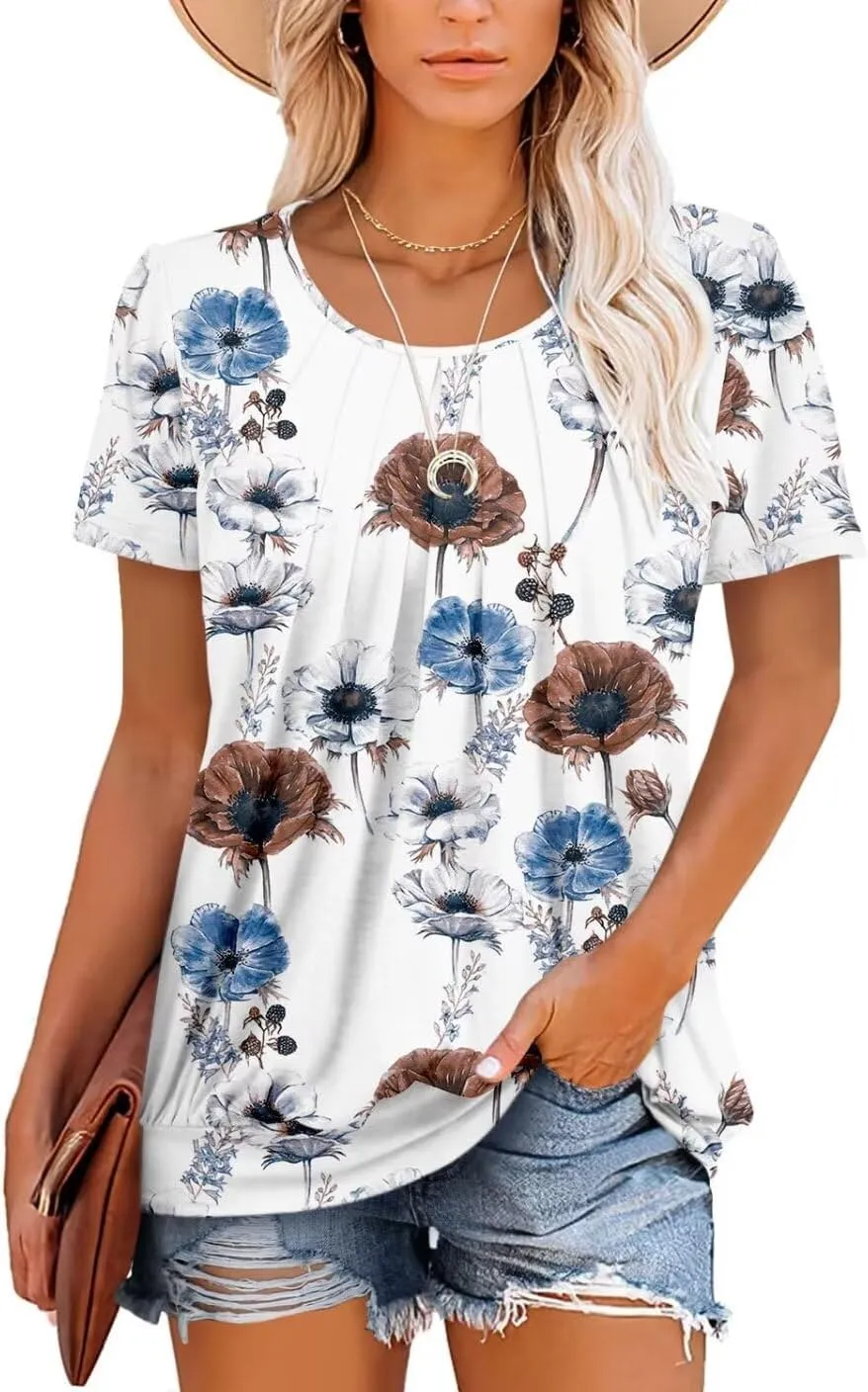 ZOLUCKY Womens Casual Short Sleeve Tunic Tops Scoop Neck T Shirts Summer Loose Fit Tunics