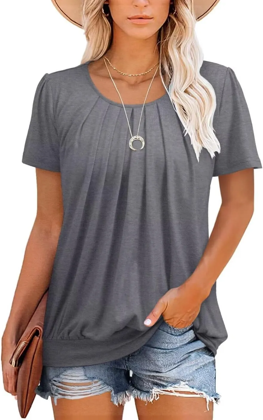 ZOLUCKY Womens Casual Short Sleeve Tunic Tops Scoop Neck T Shirts Summer Loose Fit Tunics