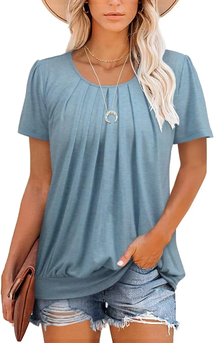ZOLUCKY Womens Casual Short Sleeve Tunic Tops Scoop Neck T Shirts Summer Loose Fit Tunics