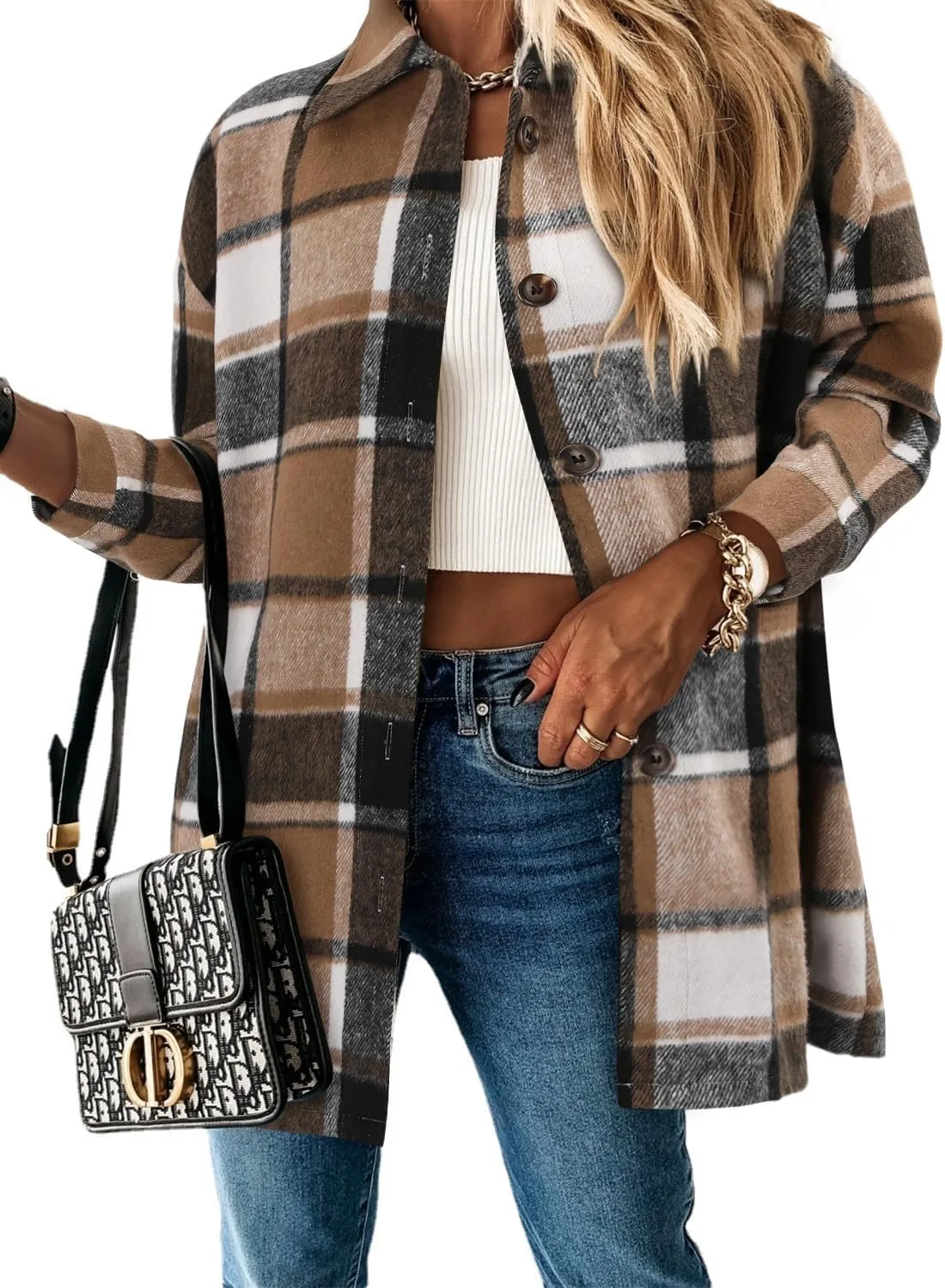 ZOLUCKY Womens Shackets Jacket Plus Size Long Sleeve Button Down Shirts Blouses Tops