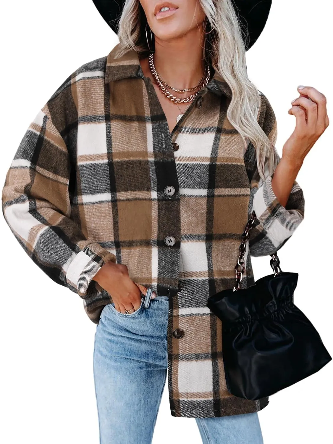 ZOLUCKY Womens Shackets Jacket Plus Size Long Sleeve Button Down Shirts Blouses Tops