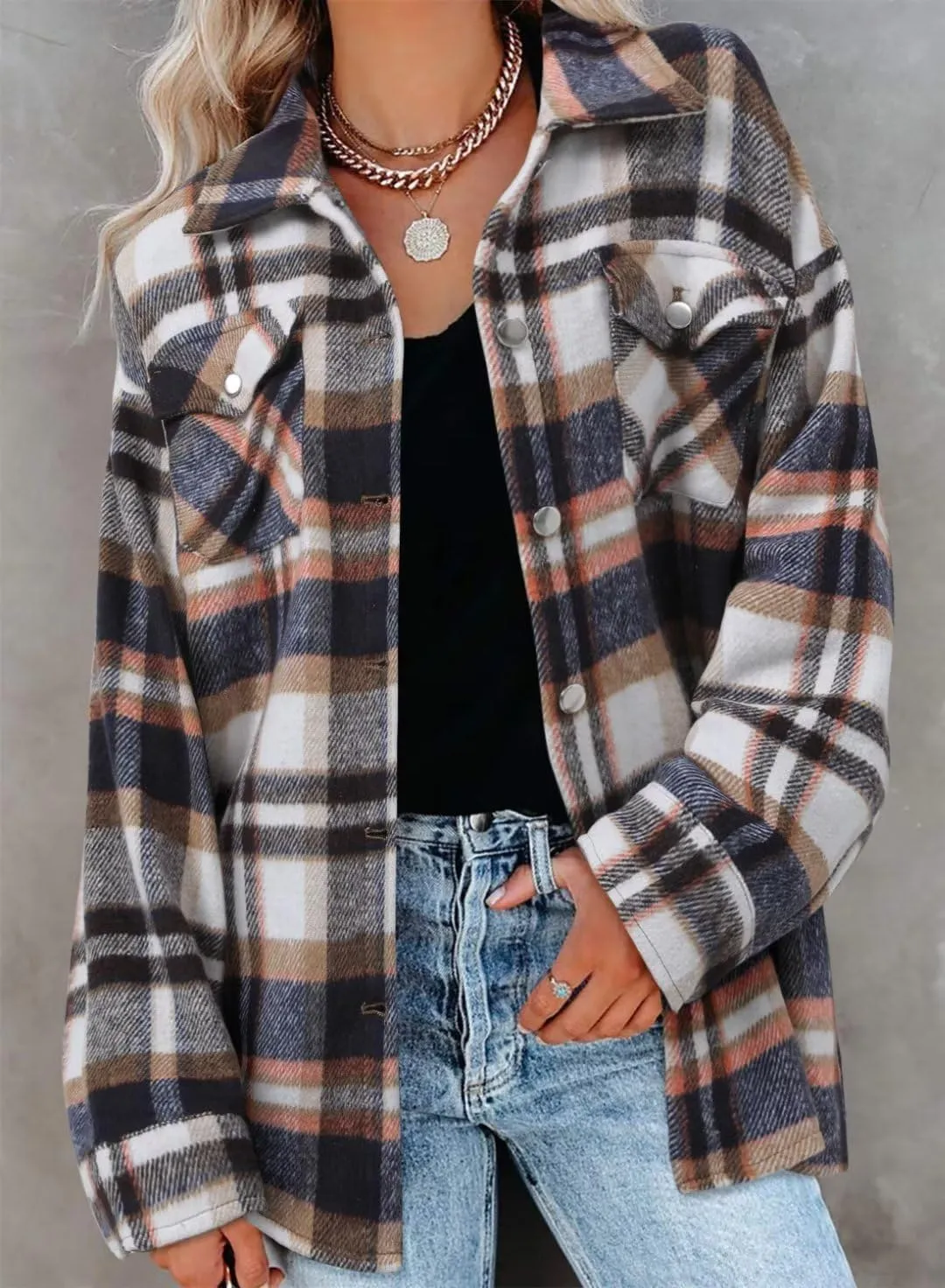 ZOLUCKY Womens Shackets Jacket Plus Size Long Sleeve Button Down Shirts Blouses Tops