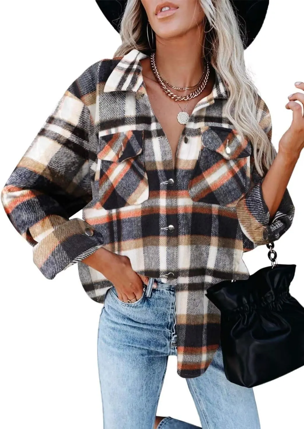 ZOLUCKY Womens Shackets Jacket Plus Size Long Sleeve Button Down Shirts Blouses Tops