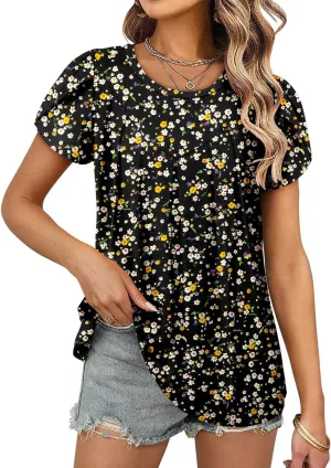 ZOLUCKY Womens Short Sleeve Shirts Floral Summer Tops Ladies Tunic Tops Loose Fit Tunics