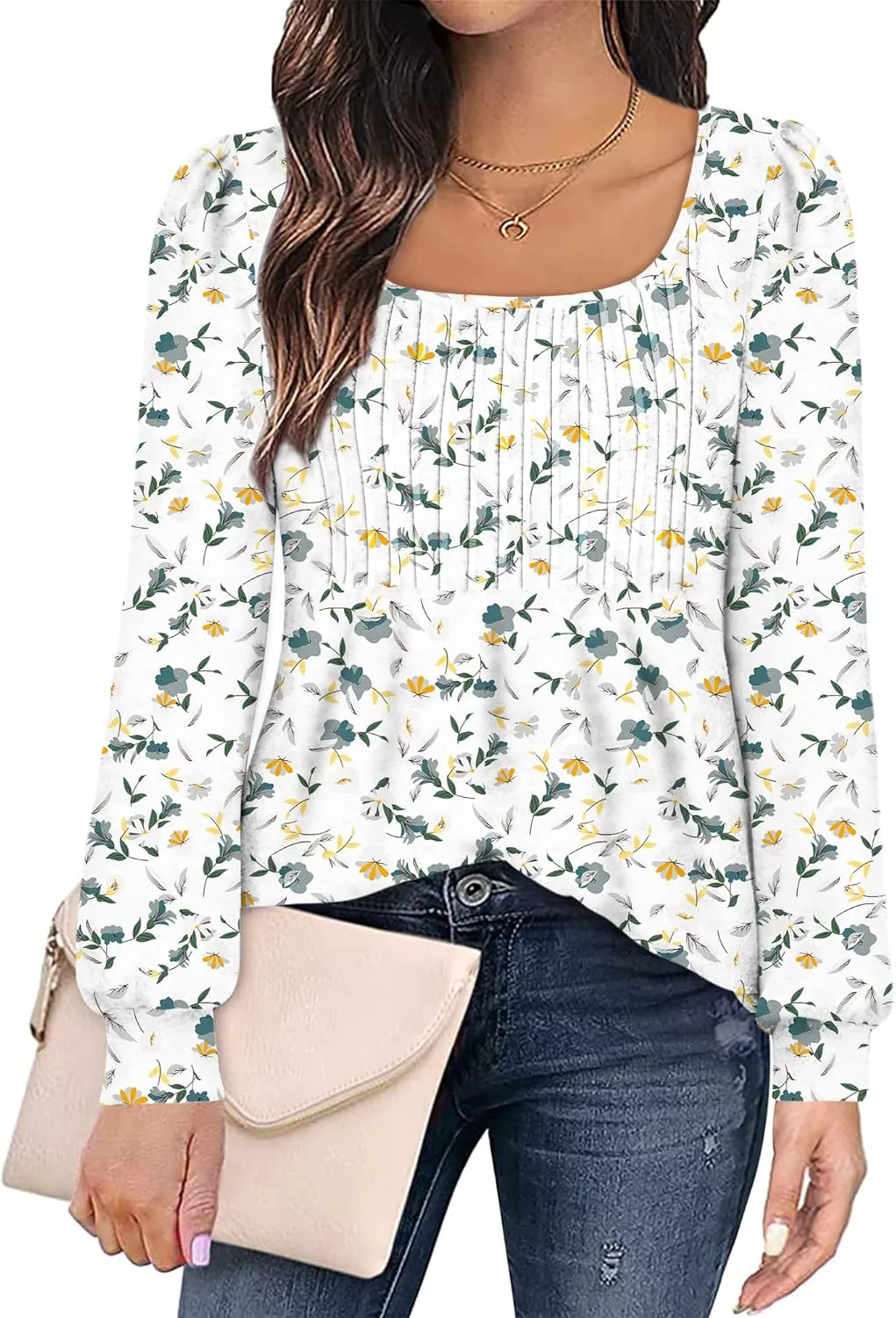 Zwurew Women's Puff Long Sleeve Shirts 2024 Trendy Scoop Neck Loose Fit Blouses Pleated Flowy Tunic Tops S-2XL