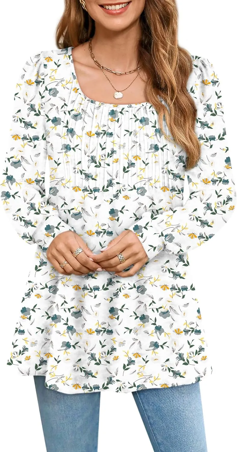 Zwurew Women's Puff Long Sleeve Shirts 2024 Trendy Scoop Neck Loose Fit Blouses Pleated Flowy Tunic Tops S-2XL