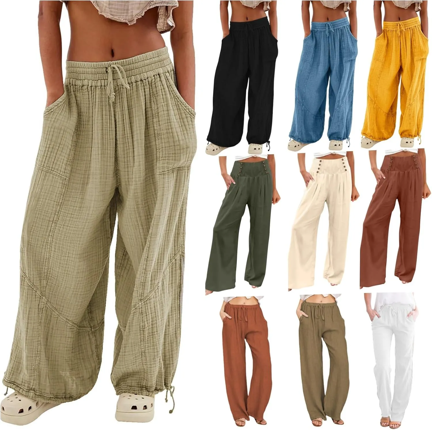 ZYXTIM Boho Pants for Women 2024 Plus Size Summer Wide Leg Smocked High Waisted Long Lounge Trousers Linen Palazzo Pants