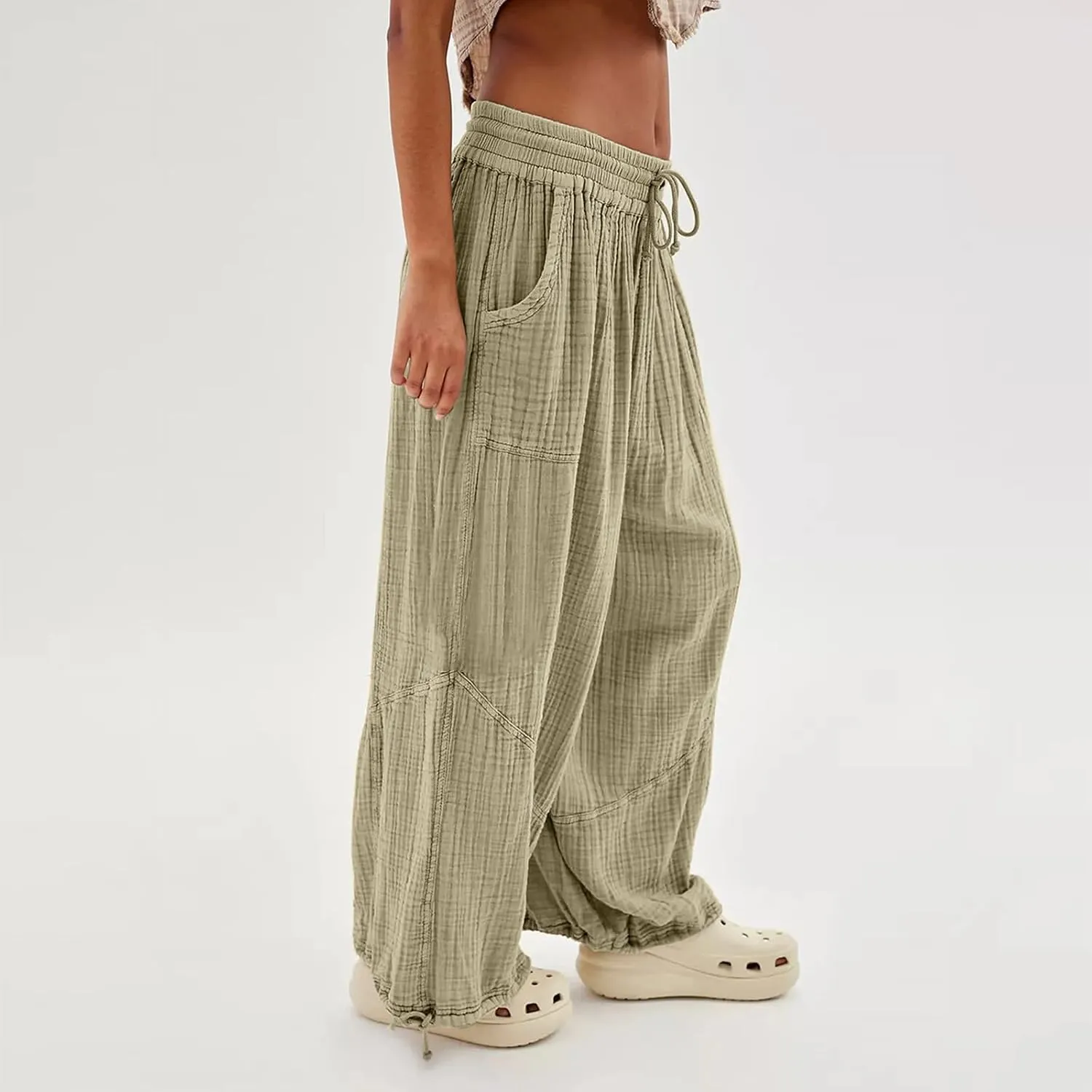 ZYXTIM Boho Pants for Women 2024 Plus Size Summer Wide Leg Smocked High Waisted Long Lounge Trousers Linen Palazzo Pants