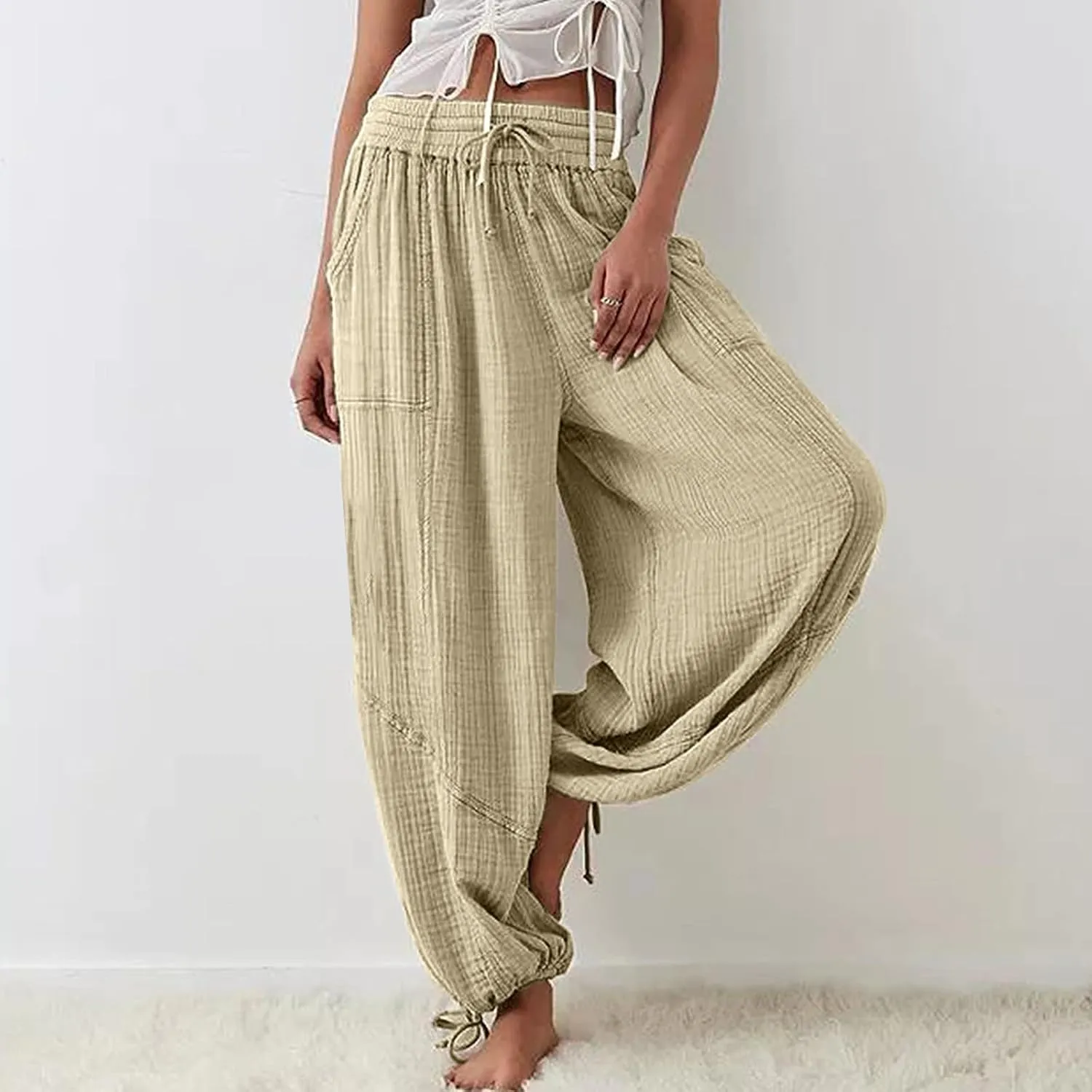 ZYXTIM Boho Pants for Women 2024 Plus Size Summer Wide Leg Smocked High Waisted Long Lounge Trousers Linen Palazzo Pants