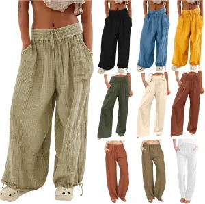ZYXTIM Boho Pants for Women 2024 Plus Size Summer Wide Leg Smocked High Waisted Long Lounge Trousers Linen Palazzo Pants